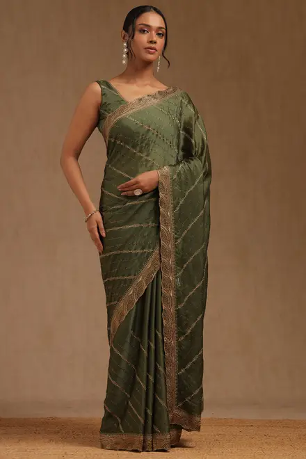 Olive Fendi Chiffon Embellished Saree With Stone Work